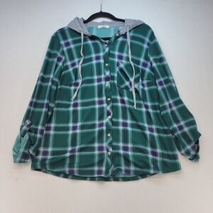 No Comment Hoodie Shirt Womens 1X Green Plaid Roll Tab Sleeve Button Up